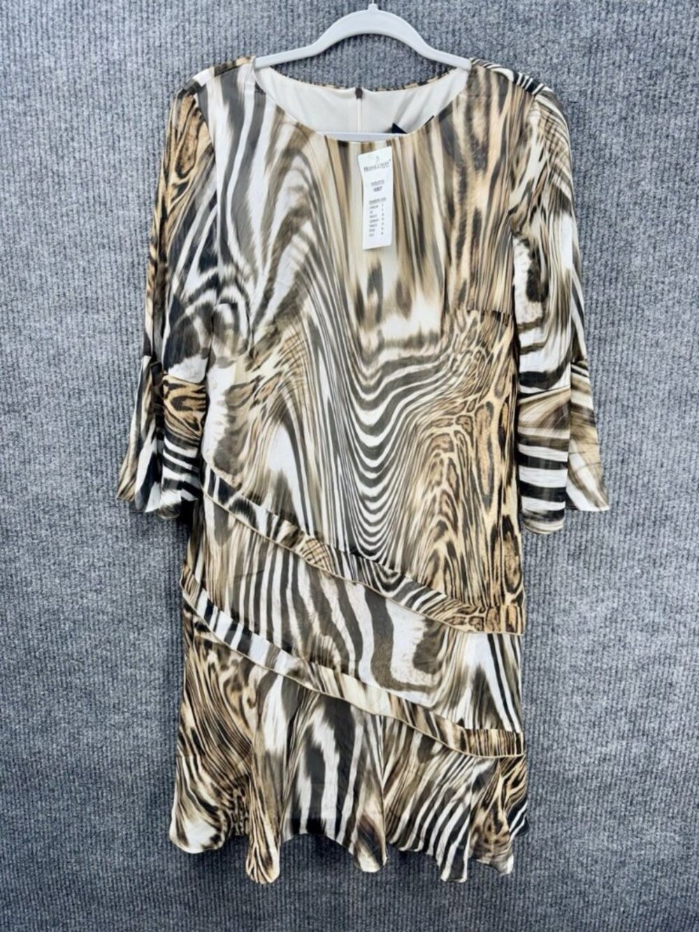 Frank Lyman Layered Animal Print Dress Womens 6 Tan Black Sheer Bell Sleeve NEW - Picture 1 of 11
